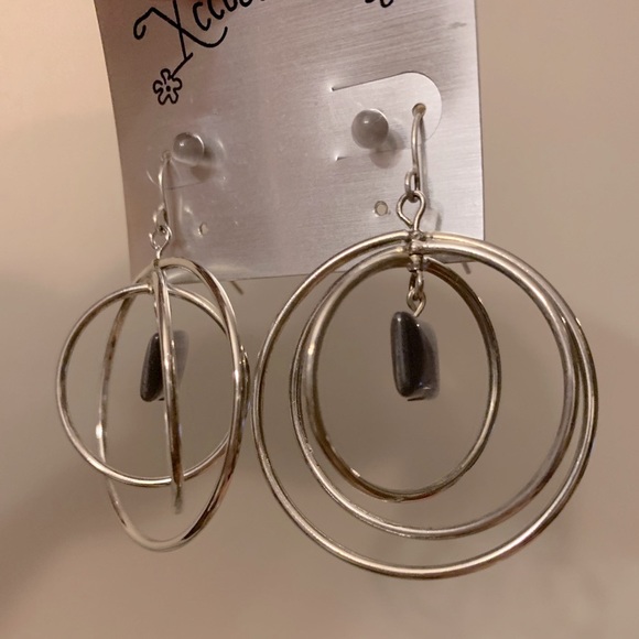 Two-Pair Earring Set - 1 Studs, 1 Dangling Triple Hoops w/Accent Stone - Picture 7 of 10